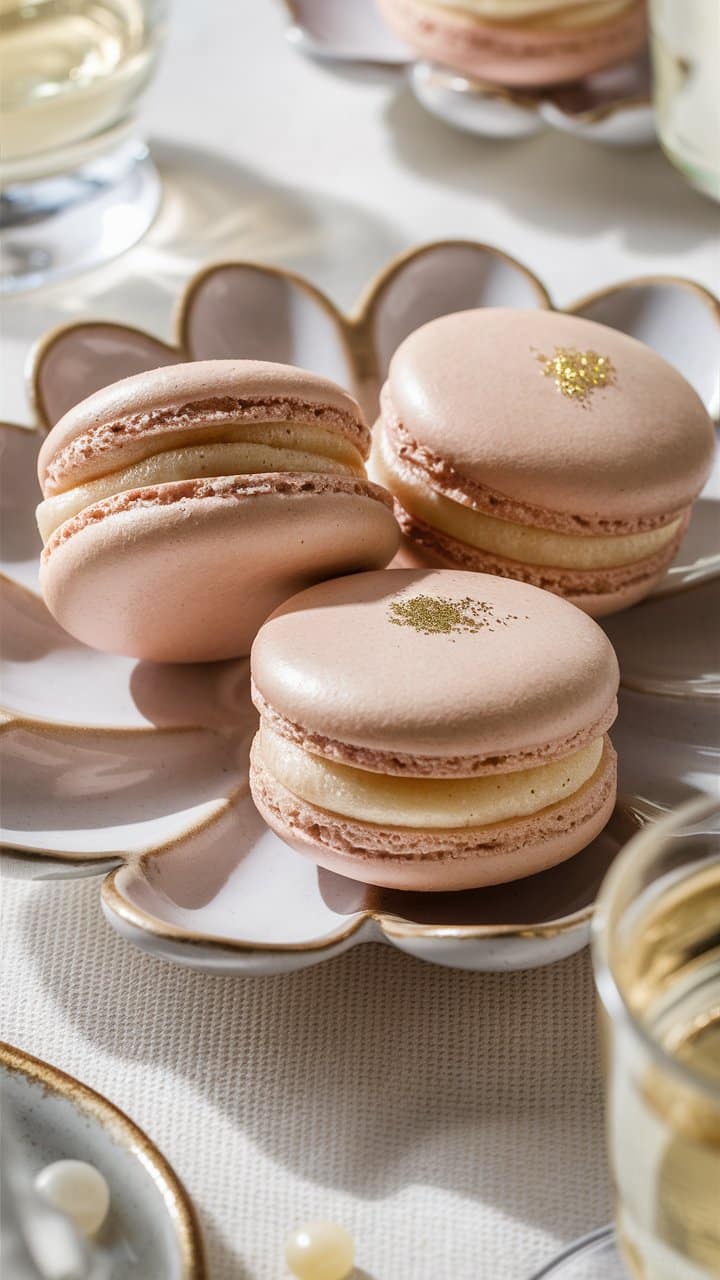 Macarons roses sur assiette fleurie.