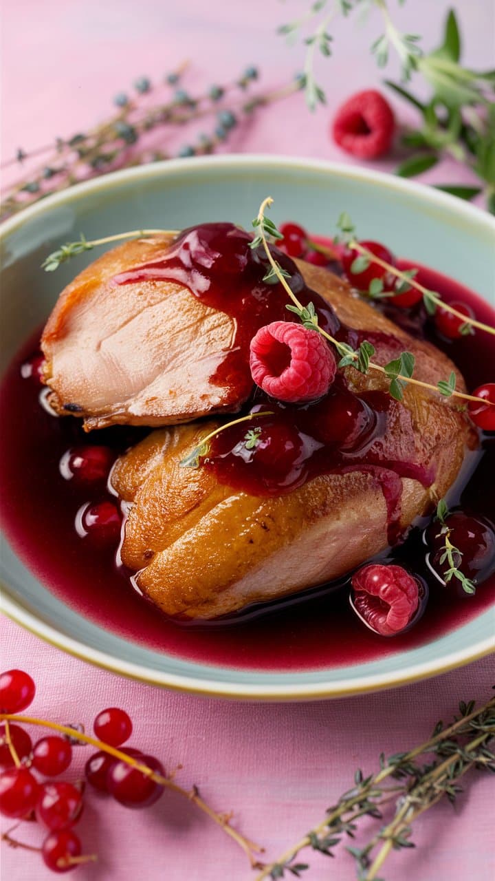 Magret de canard sauce fruits rouges et herbes fraîches.
