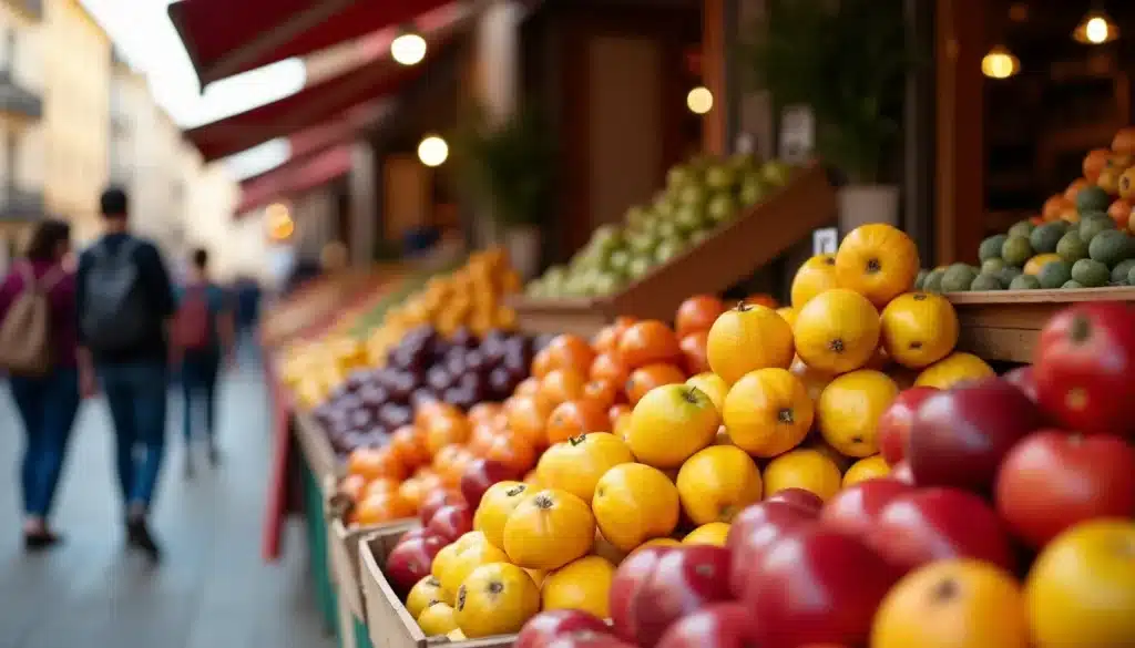 Étalage de fruits colorés sur un marché extérieur.