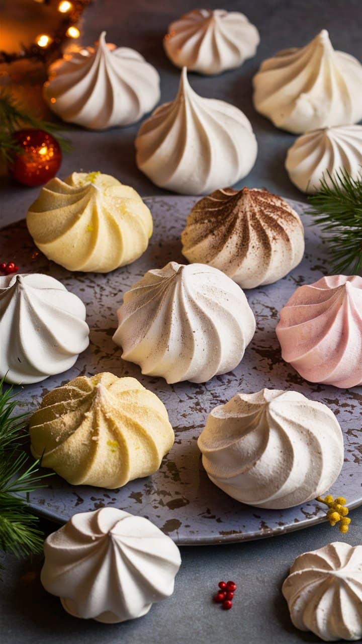 Assortiment de meringues colorées sur un plateau.