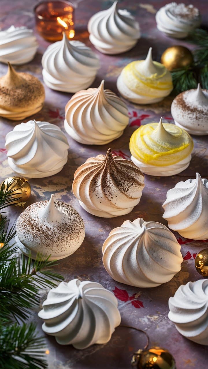 Meringues colorées sur table festive décorée.