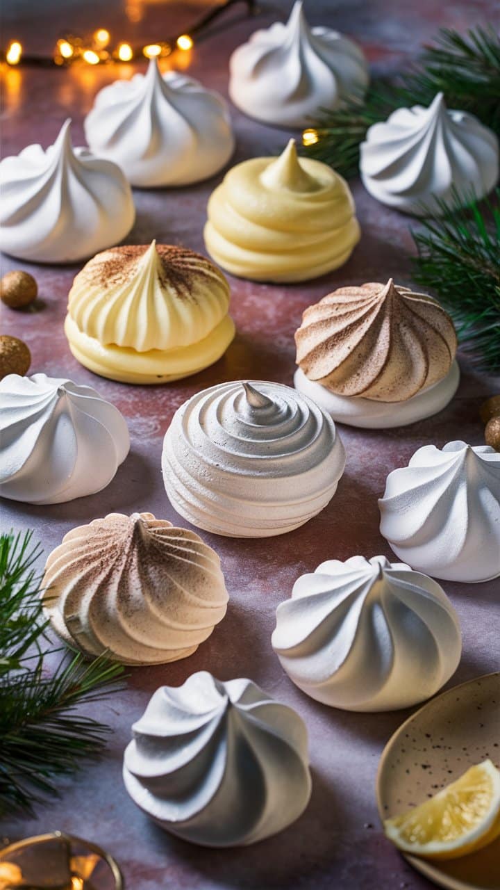 Meringues colorées sur table décorative festive.