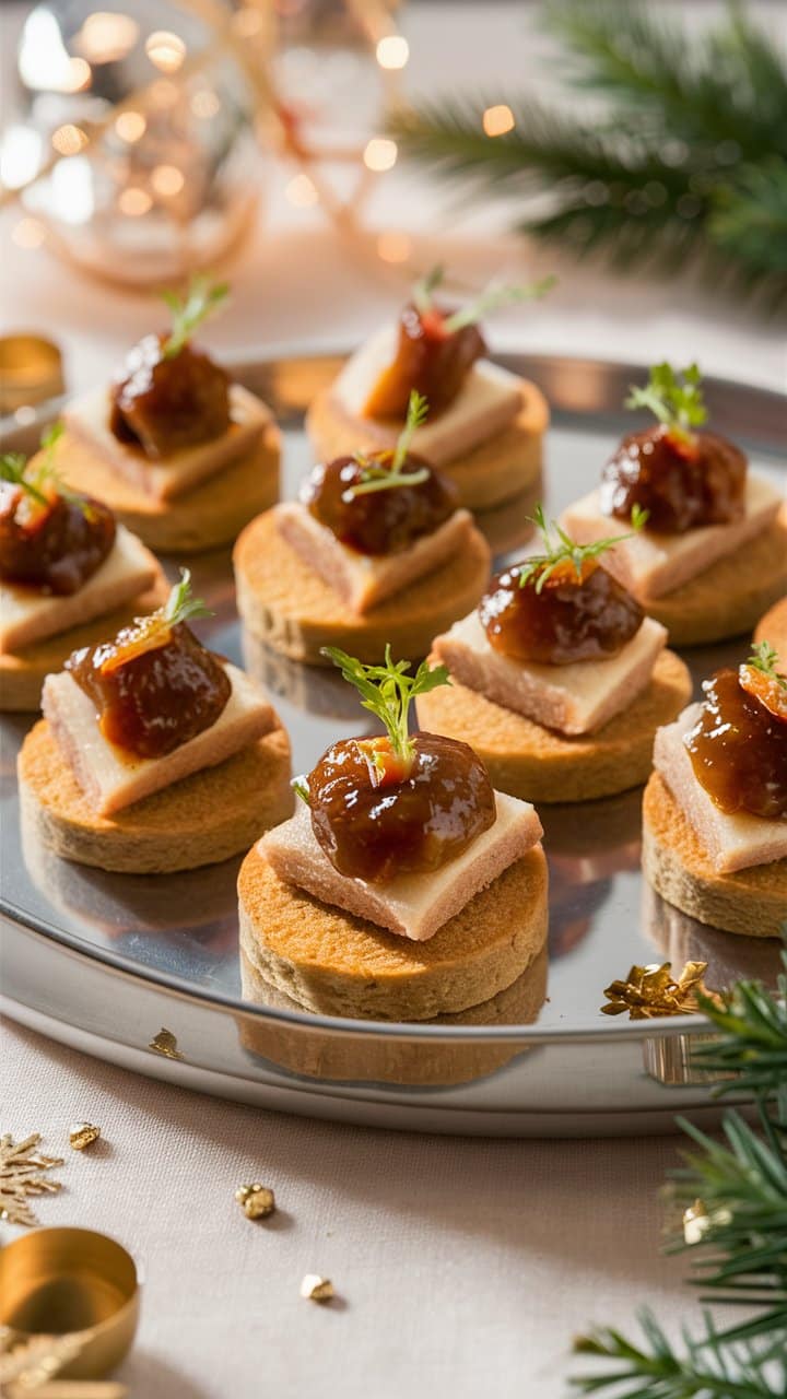 Canapés élégants avec foie gras et chutney sur plateau.