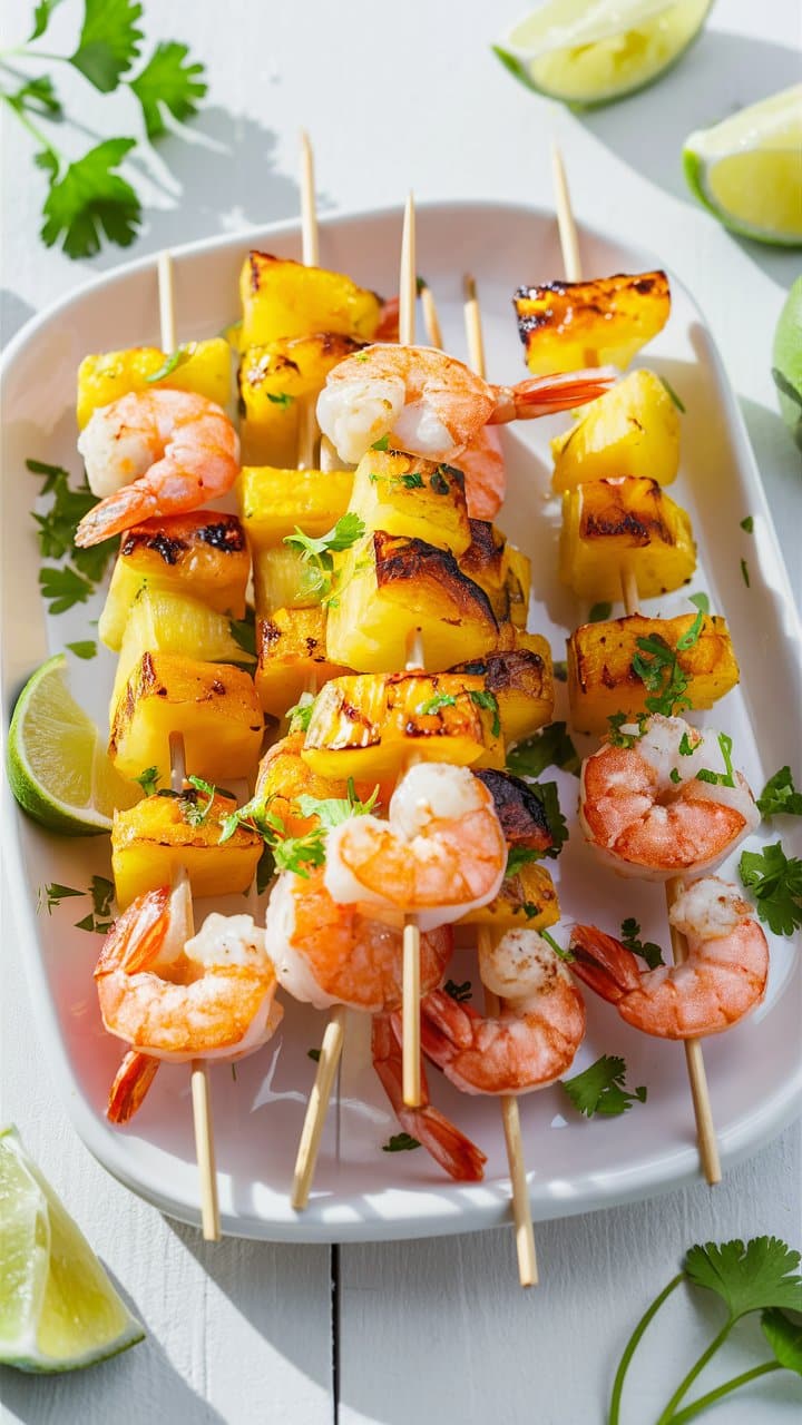 Brochettes crevettes et ananas sur assiette blanche.