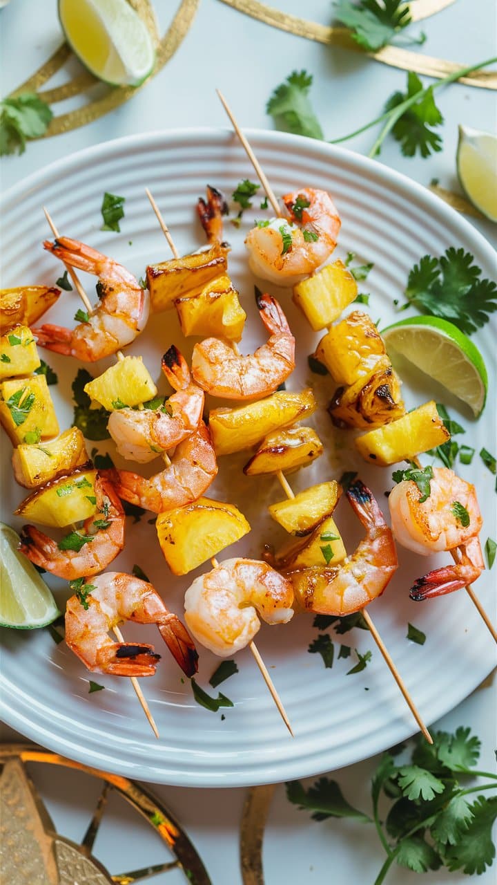 Brochettes de crevettes et ananas sur assiette blanche.