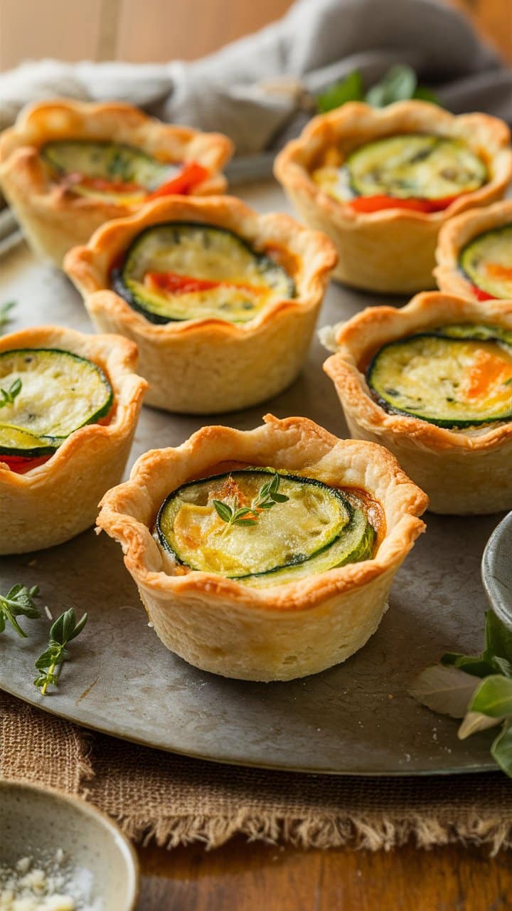 Tartelettes aux légumes sur plat en bois.