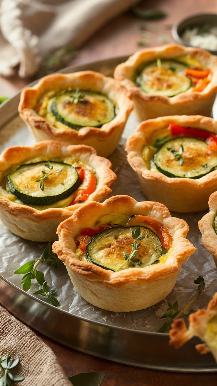 Petites quiches aux légumes sur plateau argenté.