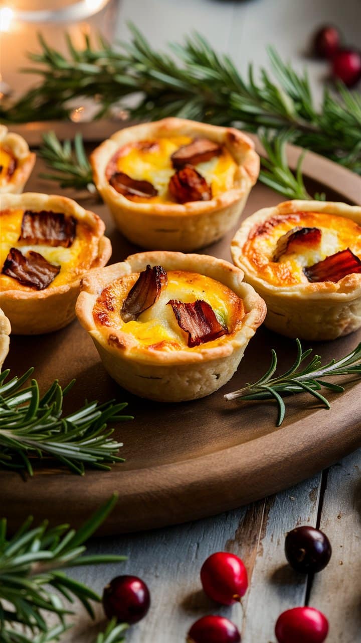 Quiches miniatures sur assiette en bois et herbes fraîches.
