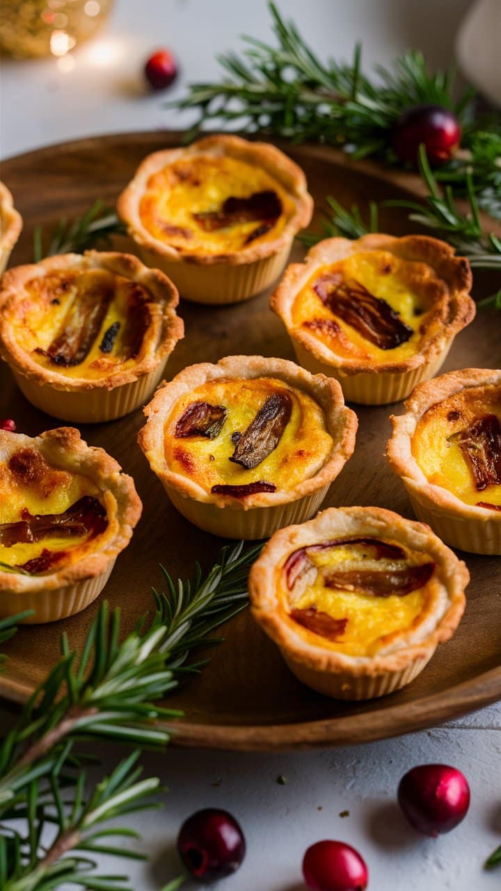 Tartelettes salées sur plateau, entourées de romarin.