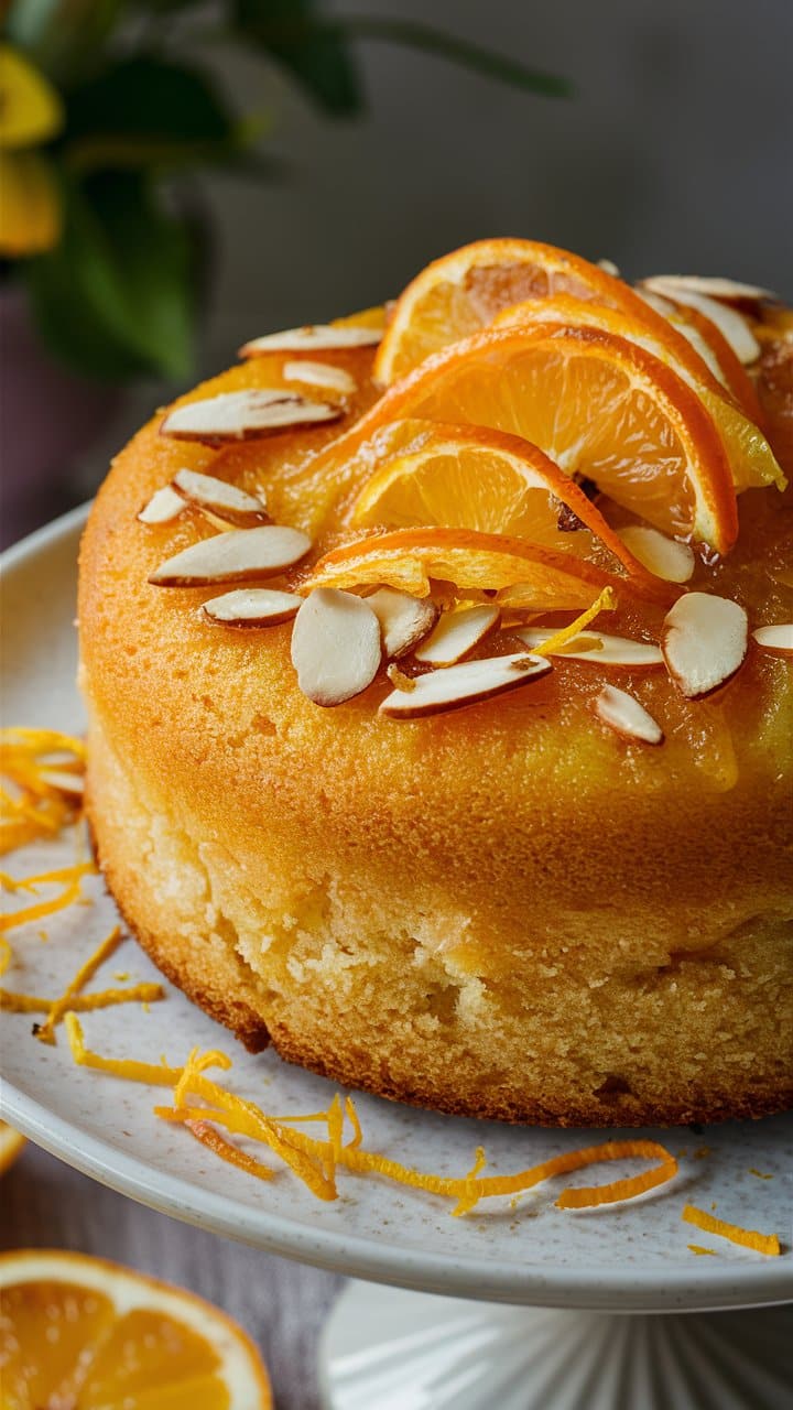 Gâteau aux oranges décoré d'amandes et tranches.