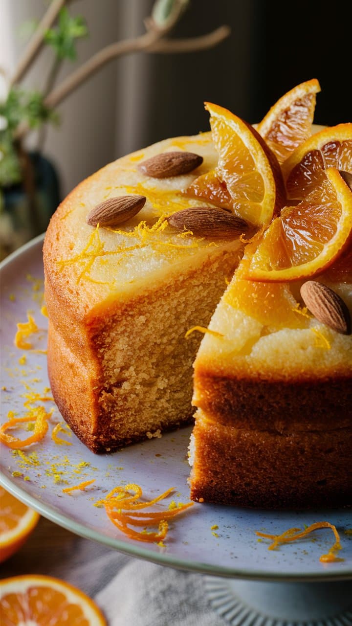 Gâteau orange amandes sur présentoir.