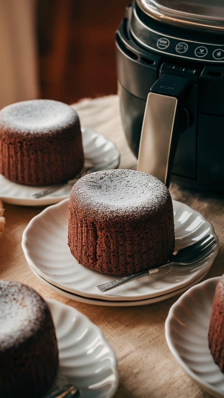 Fondant chocolat avec sucre glace sur assiette blanche.