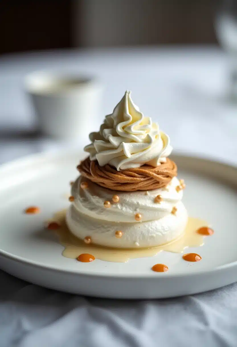Dessert meringué avec crème et sauce caramel.