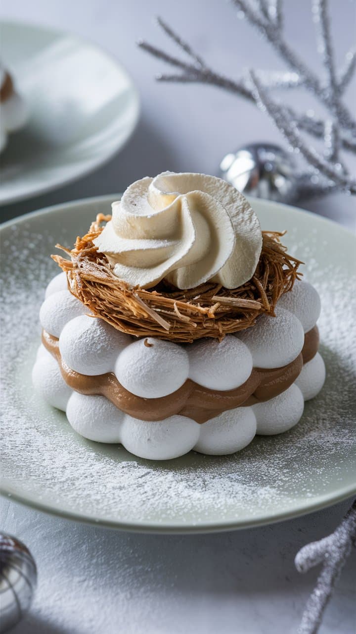 Dessert élégant avec crème et chocolat sur assiette.