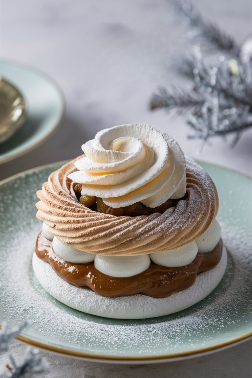 Biscuit avec crème et meringue sur assiette.