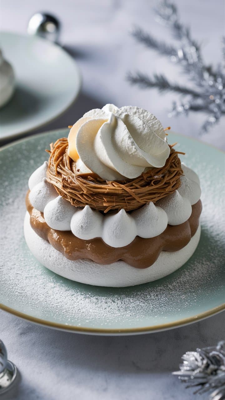 Pavlova gourmande avec crème et décorations festives.