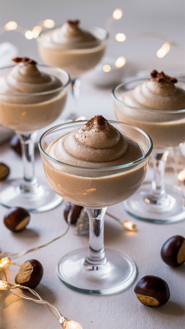 Mousse dessert aux marrons en verrines décoratives.