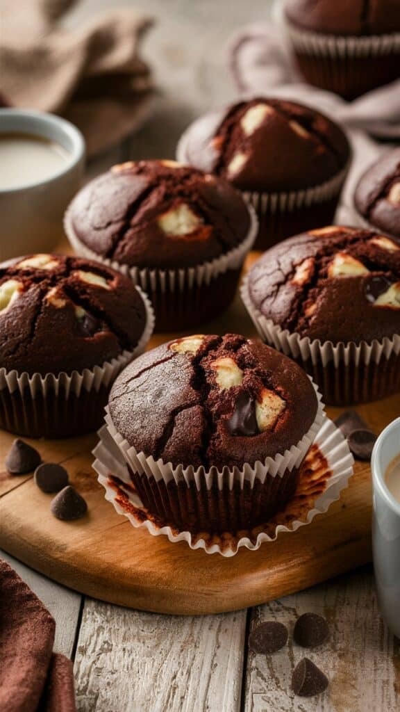 Muffins au chocolat sur une table en bois.