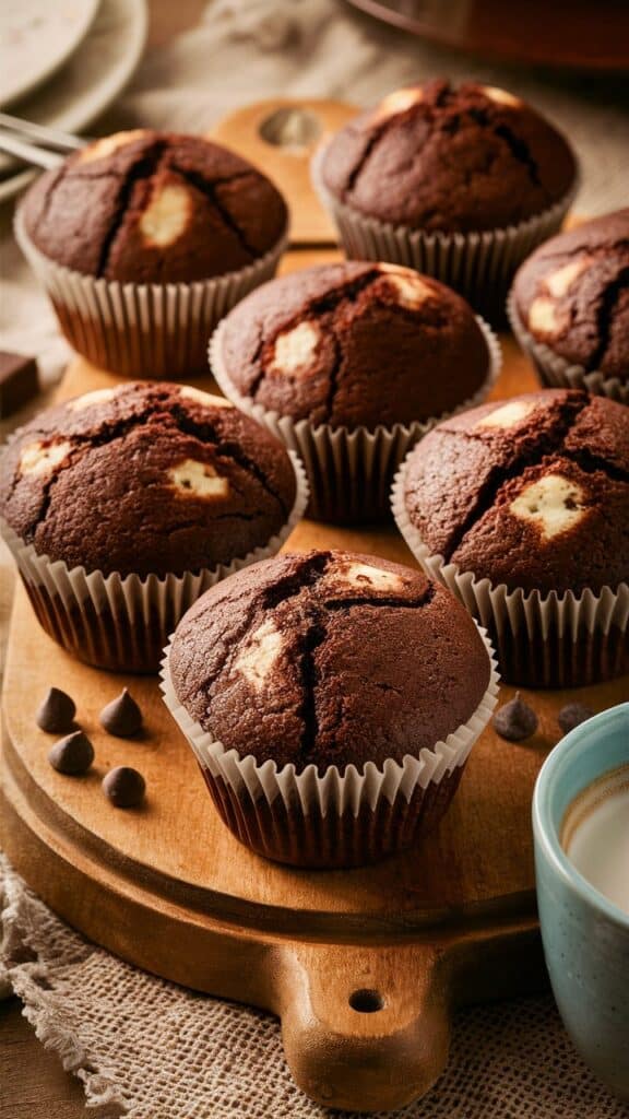 Muffins chocolatés sur une planche en bois.
