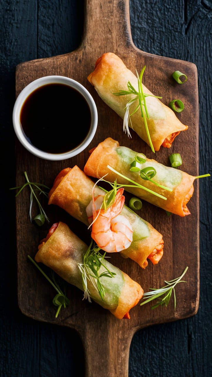 Rouleaux de printemps et sauce sur planche en bois.