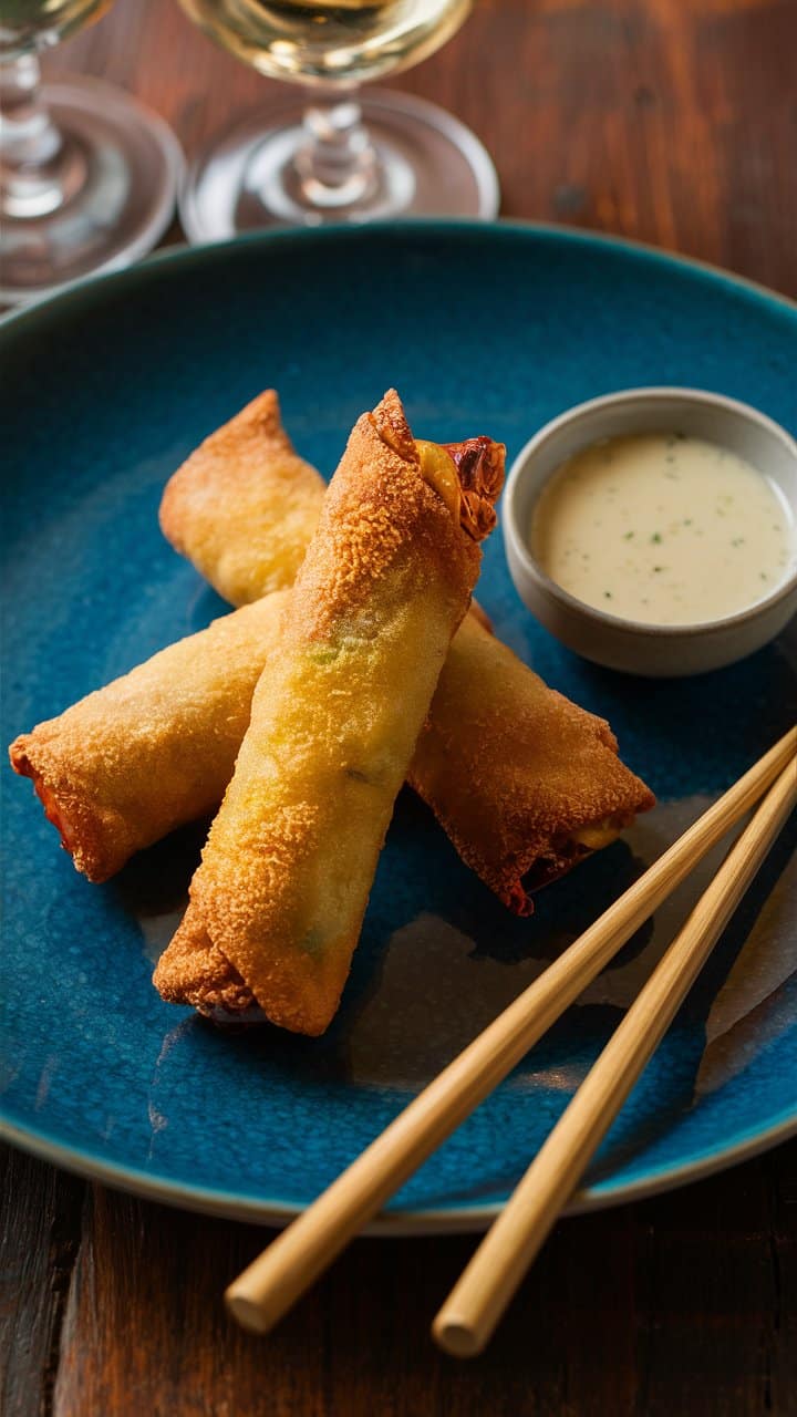 Nems croustillants avec sauce, serviette et baguettes.