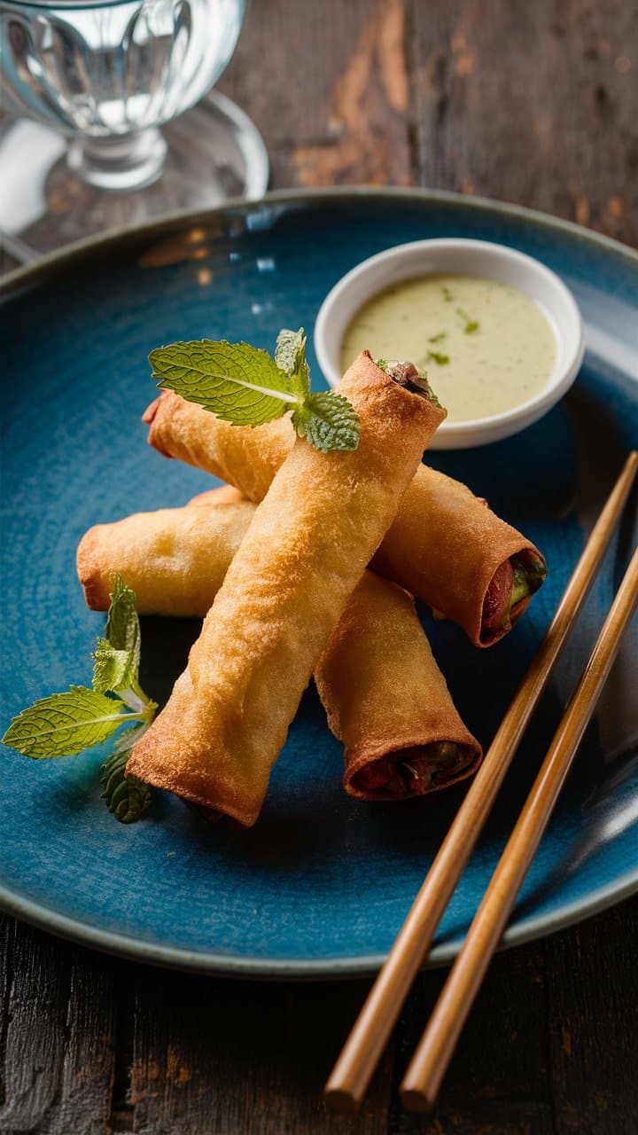Rouleaux de printemps et sauce sur assiette bleue.