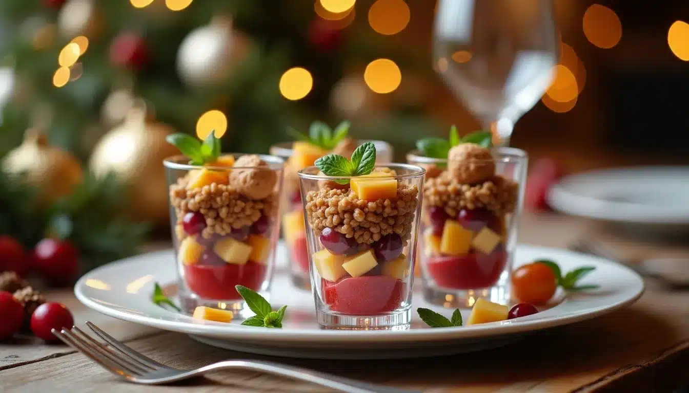 Verrines festives sur table décorée, Noël.