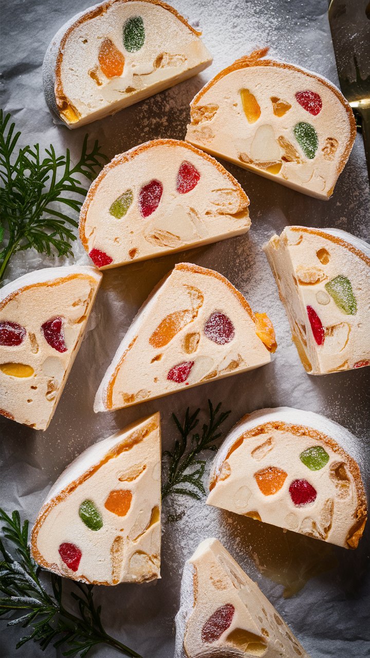 Tranches de nougat glacé aux fruits confits colorés.