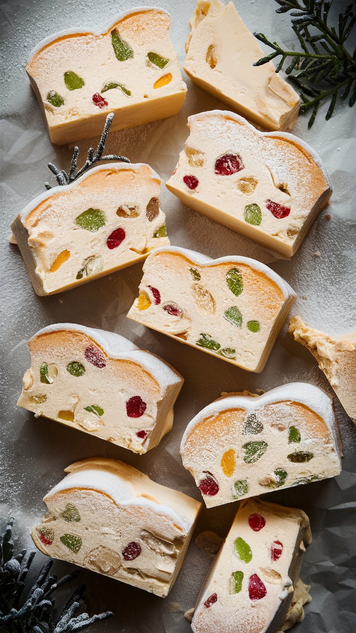Tranches de gâteau aux fruits confits, saupoudré de sucre.