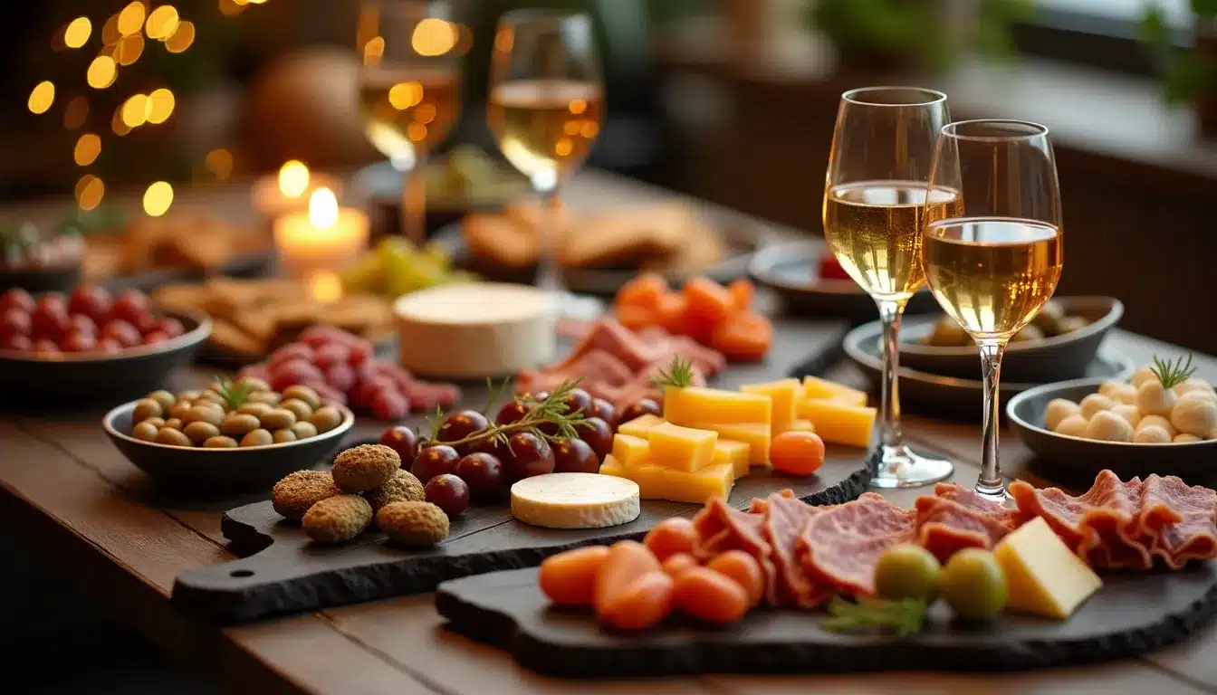 Apéro avec fromages, charcuterie et verres de vin.