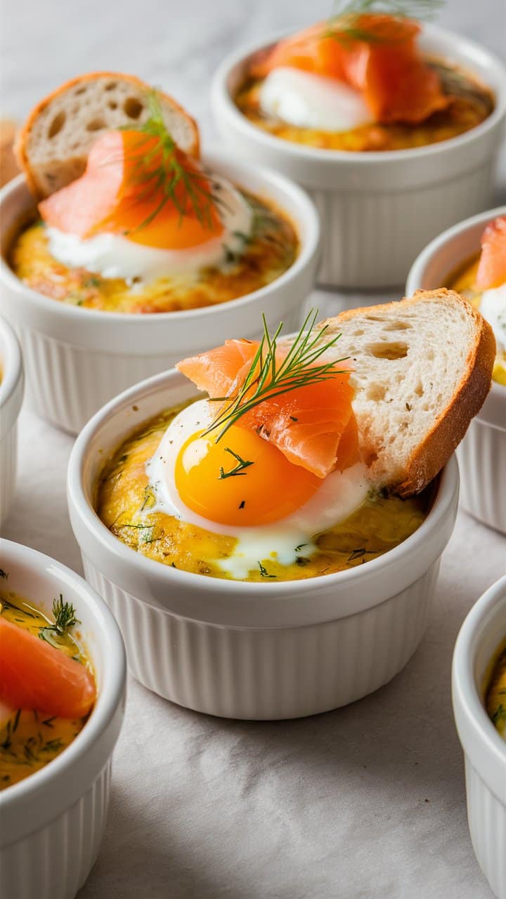 Oeuf cocotte, saumon fumé et herbes fraîches.