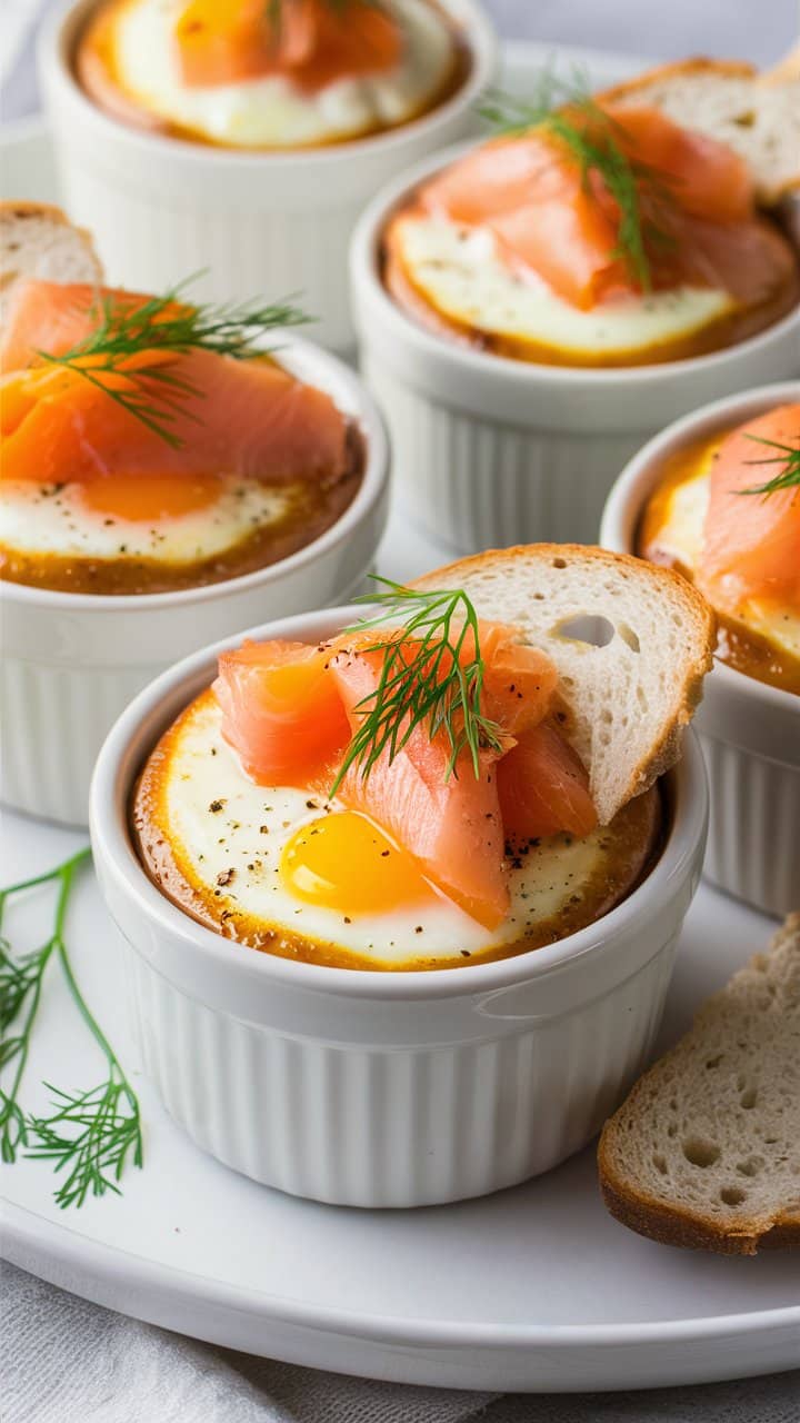 Oeufs cocotte au saumon fumé et aneth.