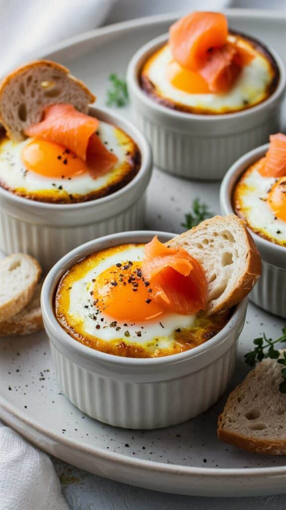 Oeufs cocotte et saumon fumé en ramequins.