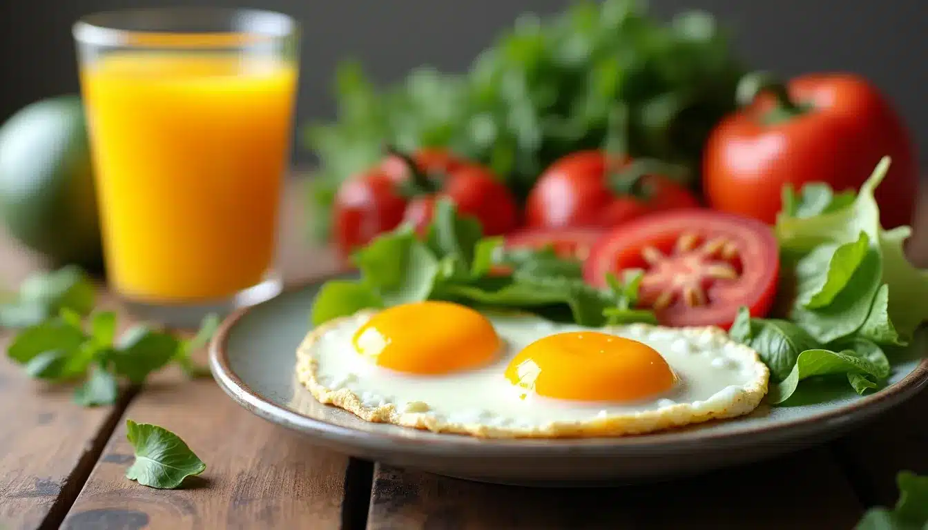 Petit-déjeuner équilibré : œufs, salade, tomates, jus d'orange.