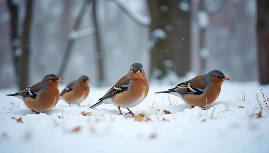 Pinsons dans la neige hivernale.