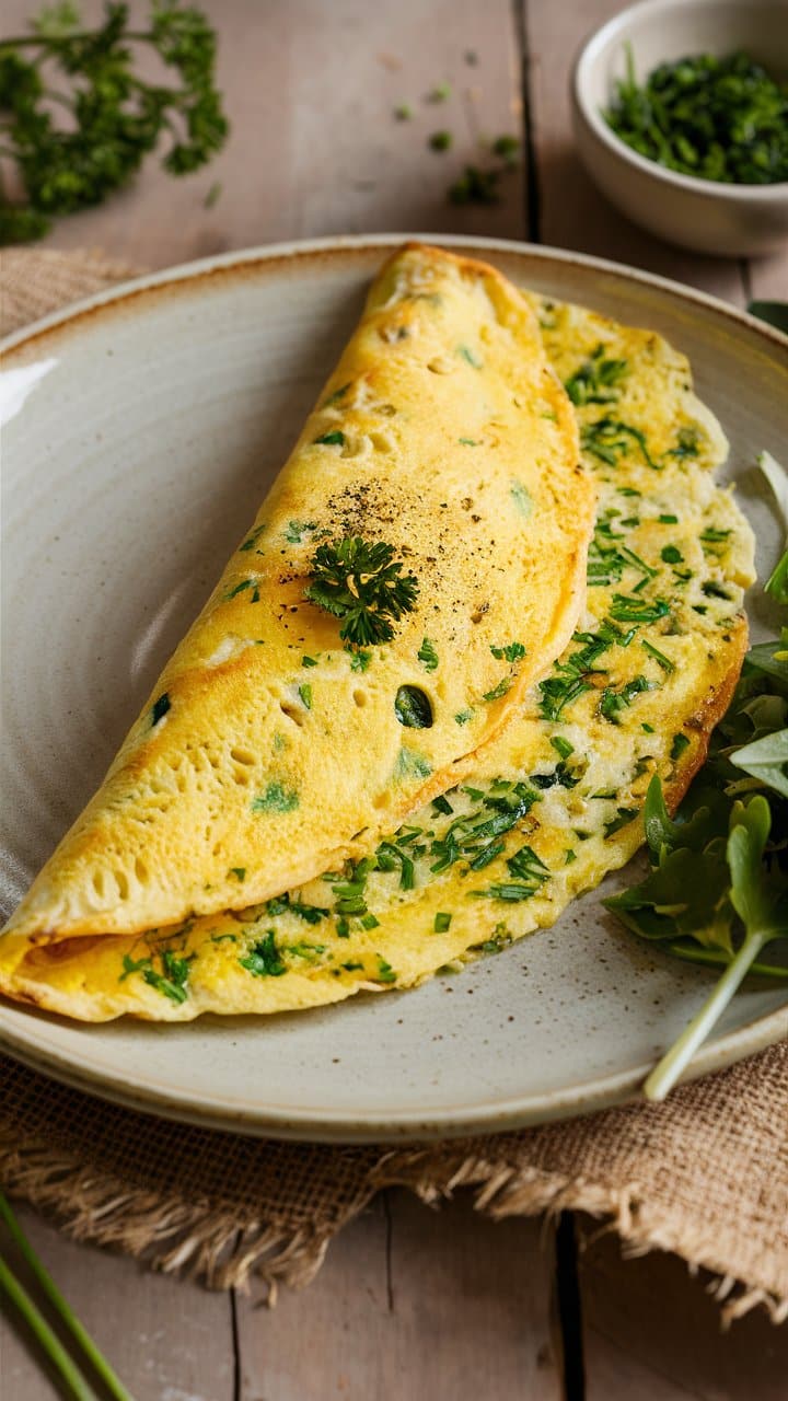 Omelette aux herbes sur une assiette.