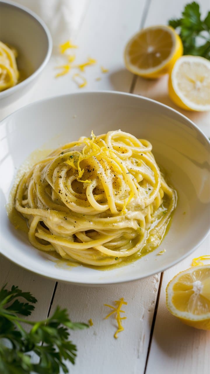 Spaghetti citronnés dans une assiette blanche, citron en arrière-plan.