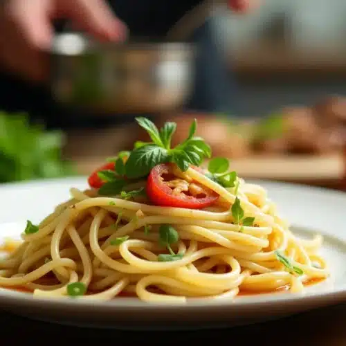Assiette de spaghetti avec garniture de tomates.