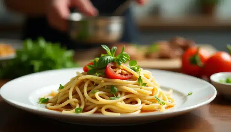 Assiette de spaghetti avec garniture de tomates.