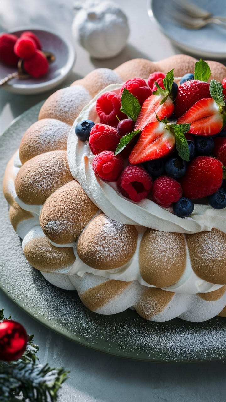 Gâteau meringué aux fruits rouges et crème chantilly.