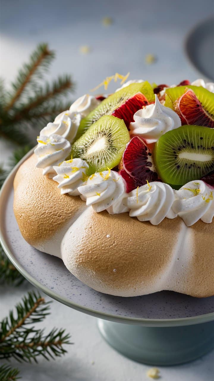 Pavlova garnie de fruits exotiques
