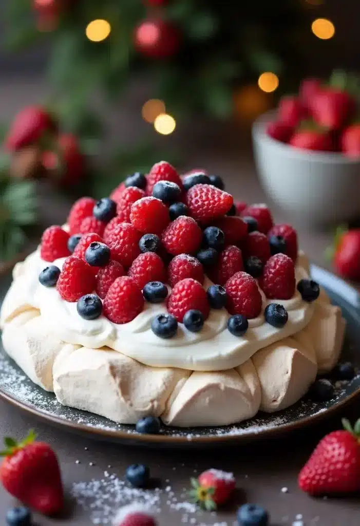 Gâteau Pavlova aux fruits rouges et chantilly.