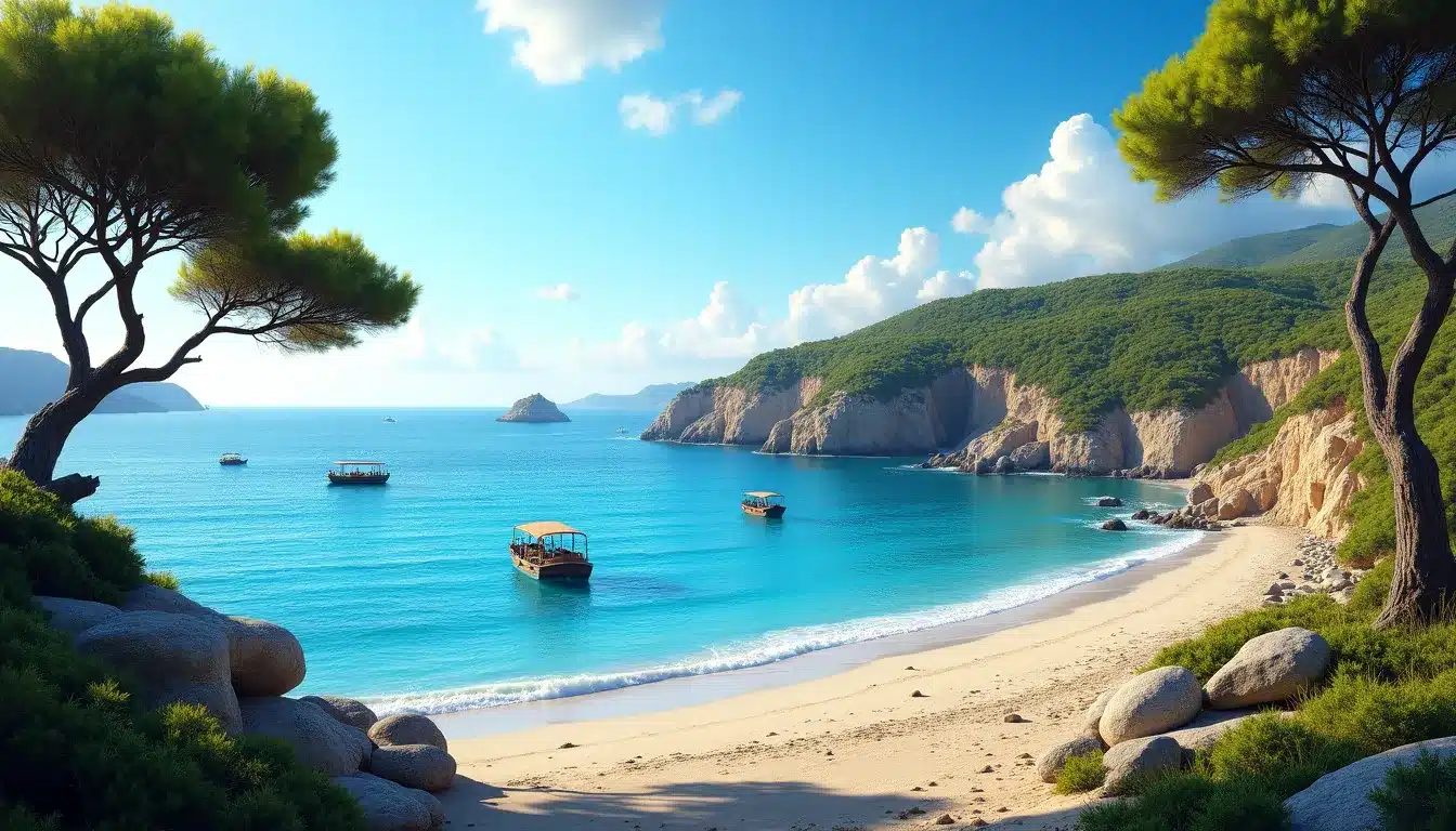 Paysage côtier méditerranéen avec bateaux et plage.