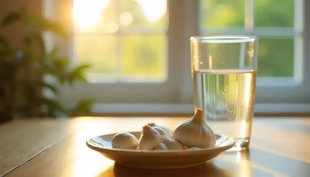 Ail et verre d'eau au soleil.