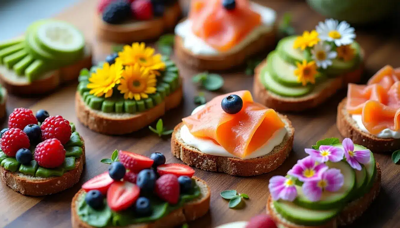Canapés garnis avec fruits, saumon et fleurs comestibles.