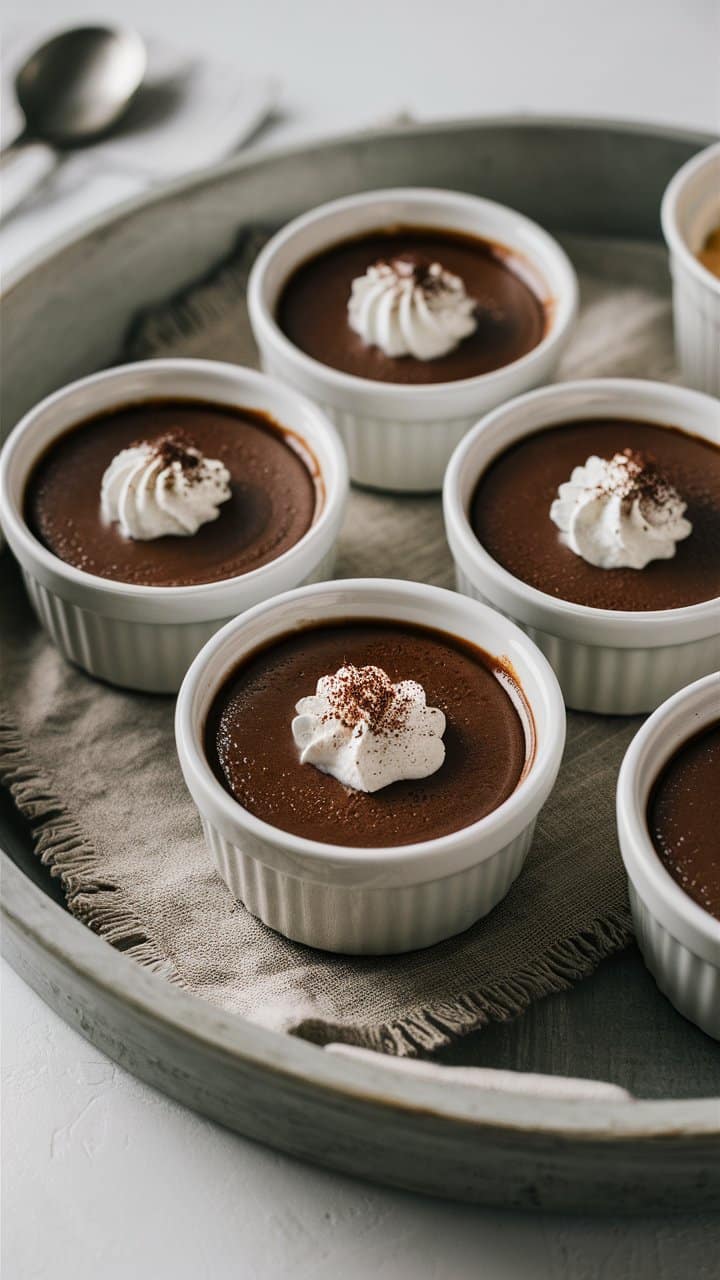 Crèmes au chocolat avec chantilly dans ramequins.