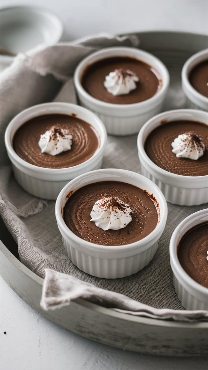 Ramequins de mousse au chocolat avec chantilly.