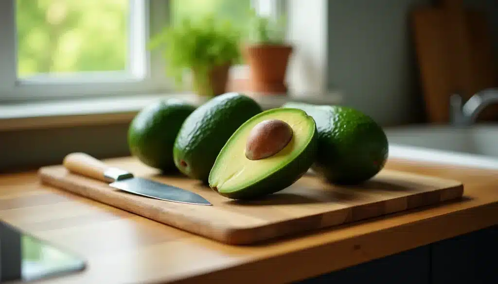 Avocats frais sur planche de cuisine près fenêtre.