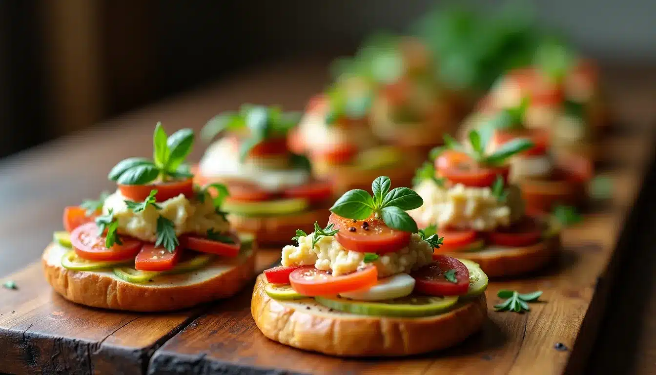 Bruschettas garnies de tomates et herbes fraîches.