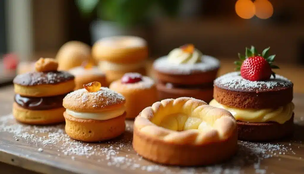 Assortiment de petits gâteaux variés sur une table.